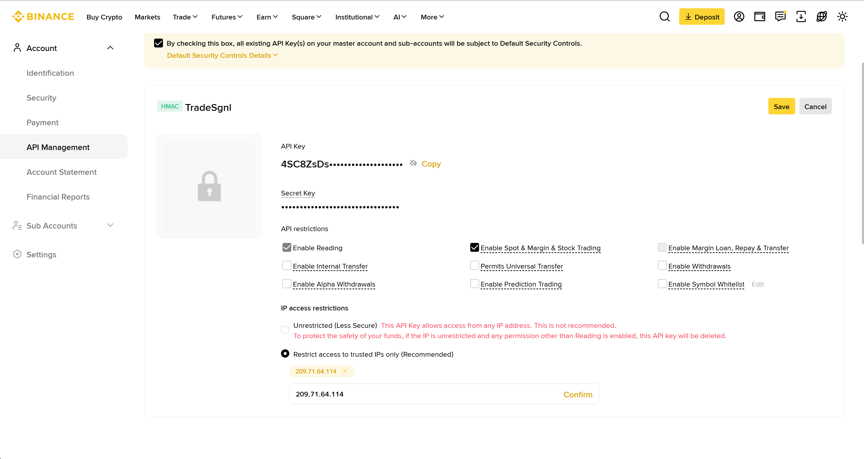 Binance API Management with Enable Reading and Enable Spot & Margin & Stock Trading ticked, withdrawals off, and access restricted to 209.71.64.114
