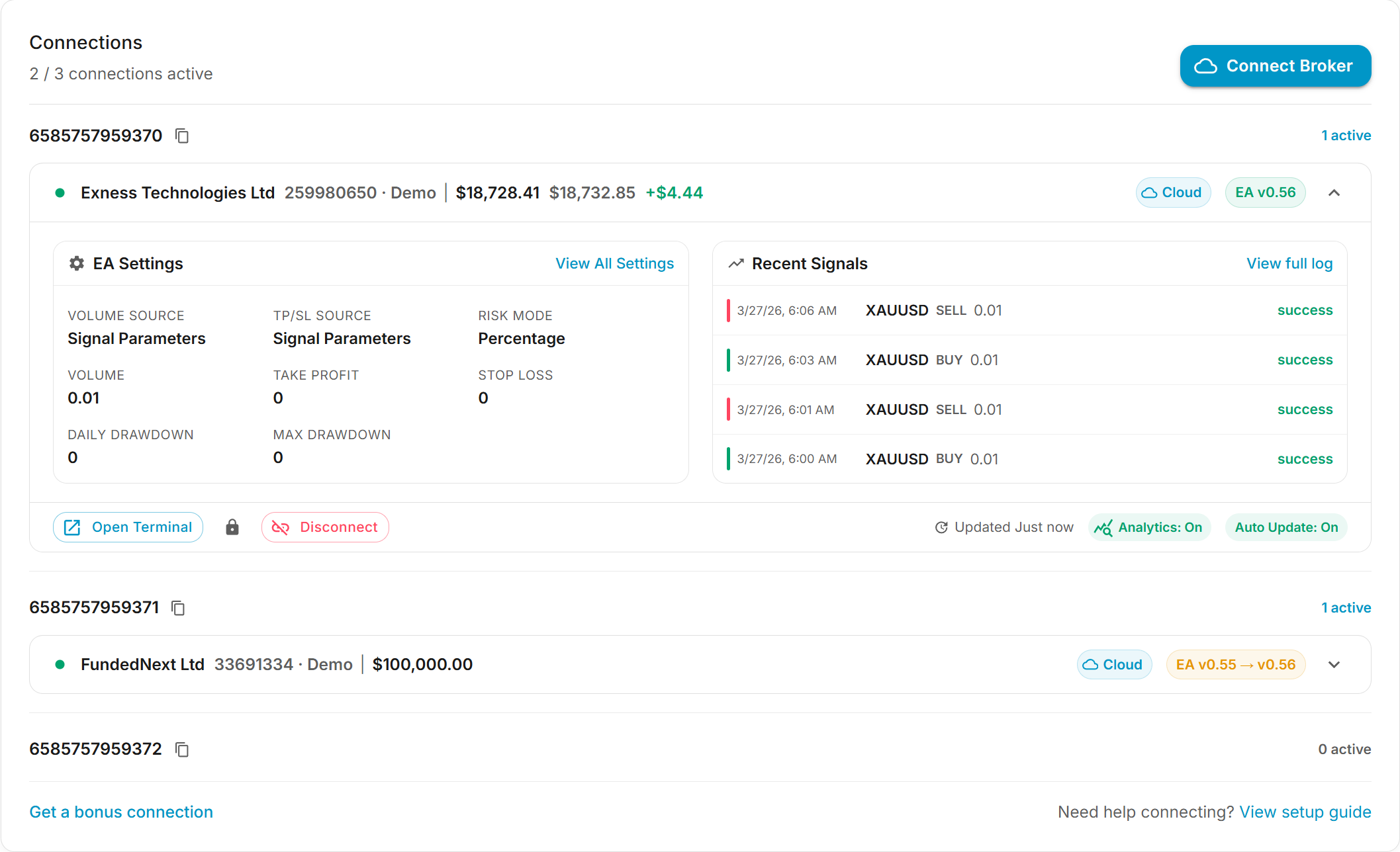 CloudConnect Dashboard — terminal cards showing broker info, status, and controls