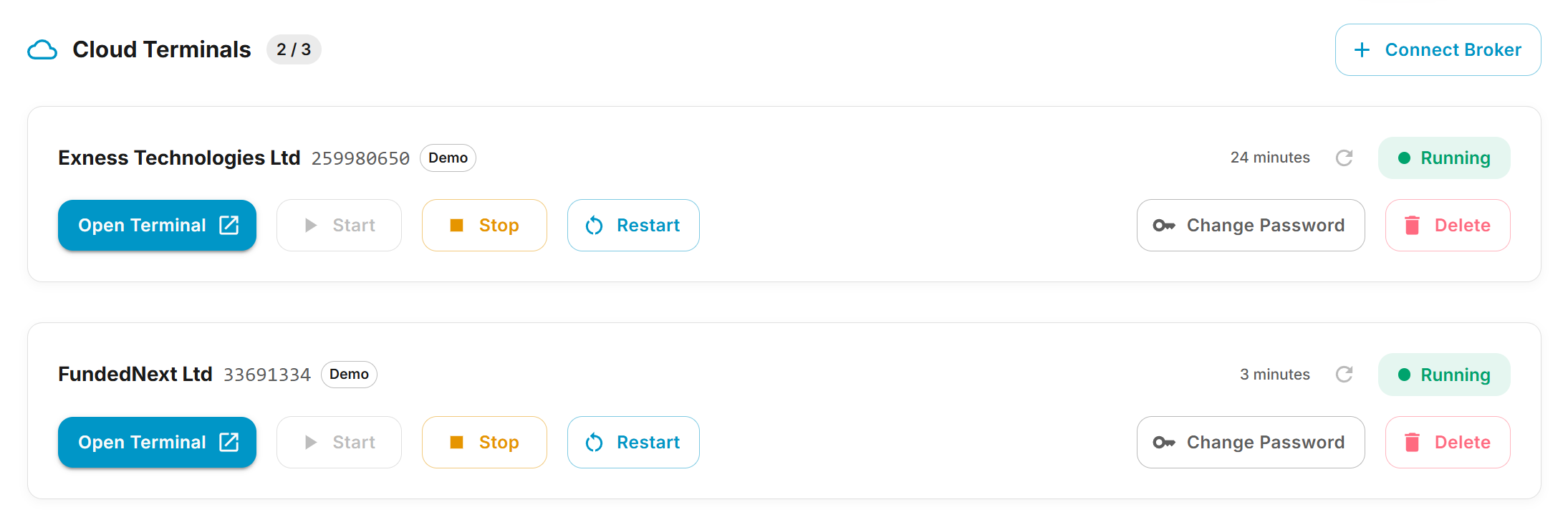 CloudConnect dashboard showing multiple connected broker terminals with controls