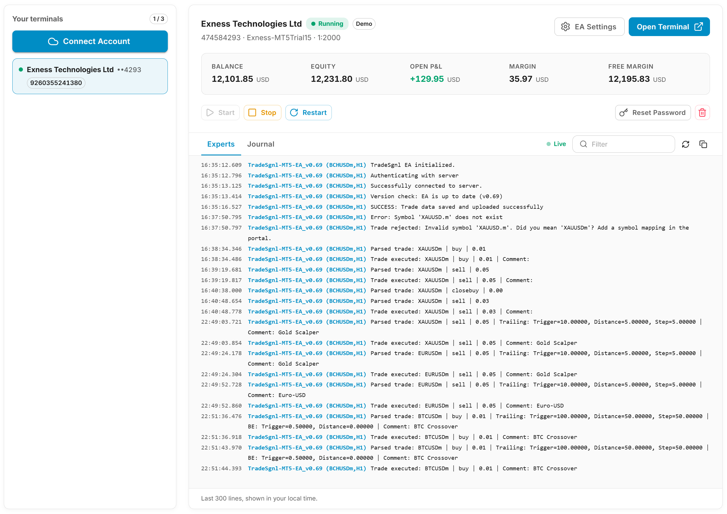 MT5 Cloud page with the terminal list on the left and the selected terminal's detail, stats and logs on the right