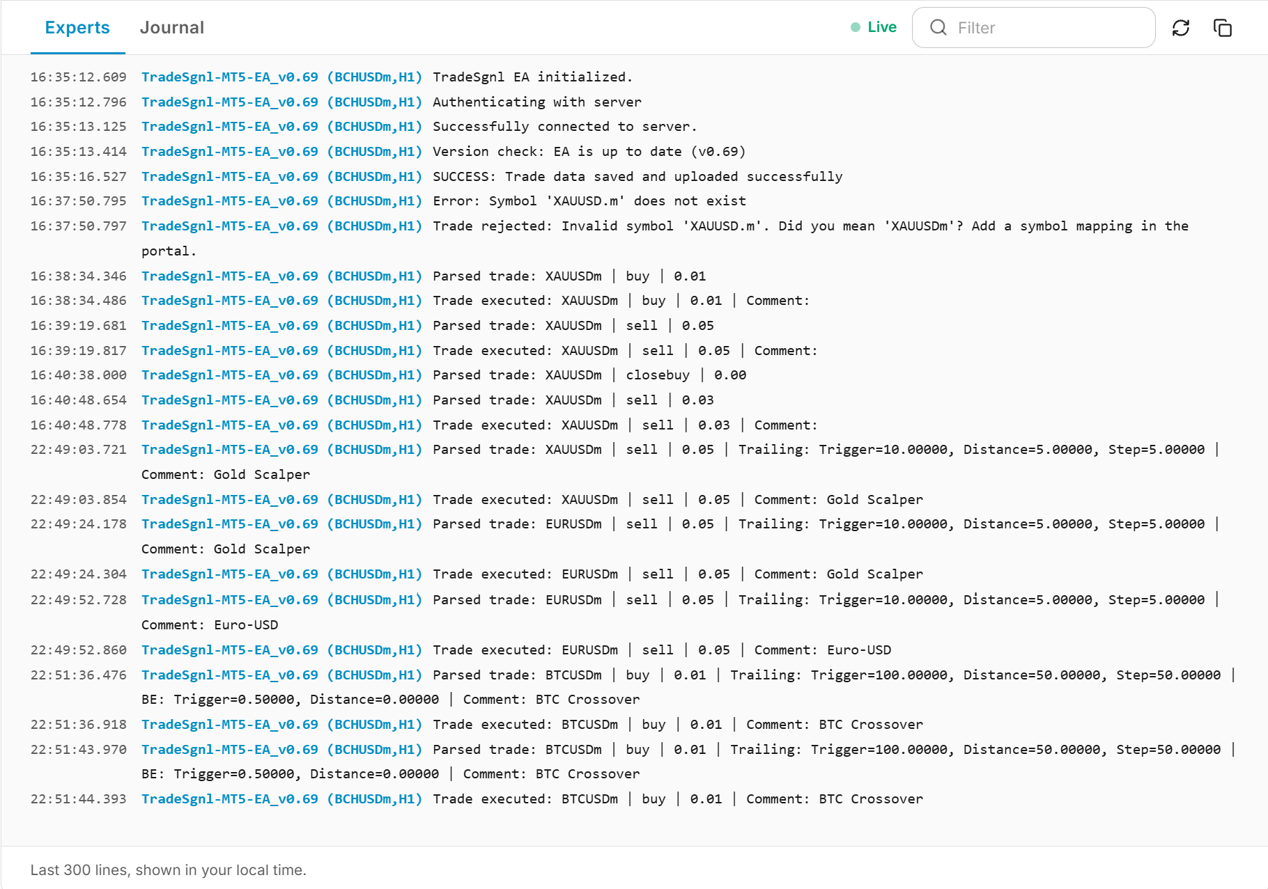 Experts tab showing TradeSgnl EA log lines for parsed and executed trades