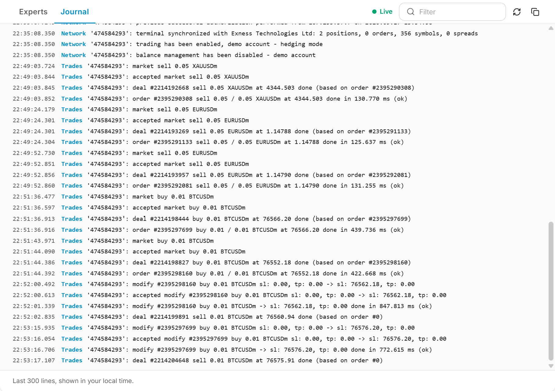 Journal tab showing MetaTrader network and trade log lines with order fills and execution times