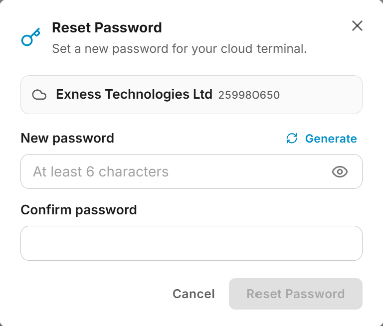 Reset Password dialog with new password, confirm password, and a Generate link
