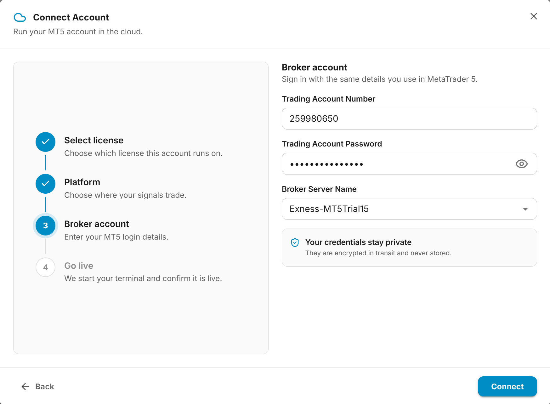 Connect Account dialog on the Broker account step with the trading account number, password and broker server name filled in