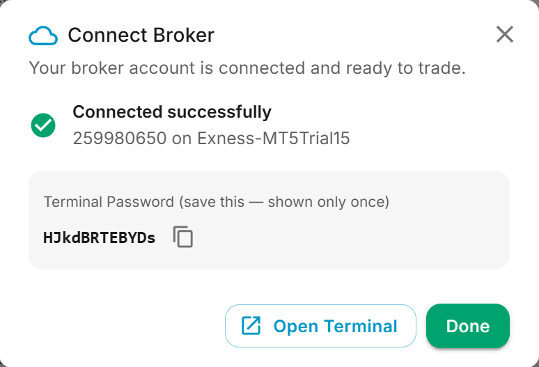 Successfully connected — account info, terminal password, and Open Terminal link