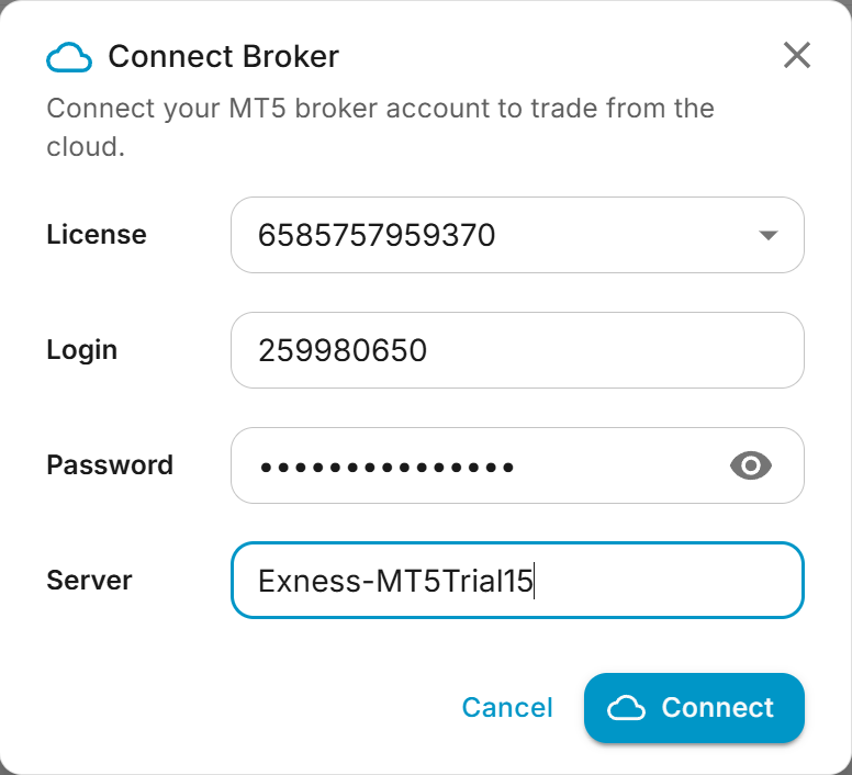 Connect Account dialog — enter license, login, password, and server