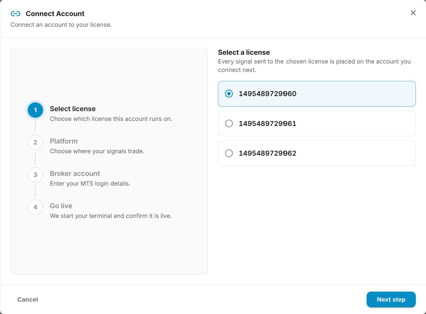 Connect Account dialog, step one: select a license