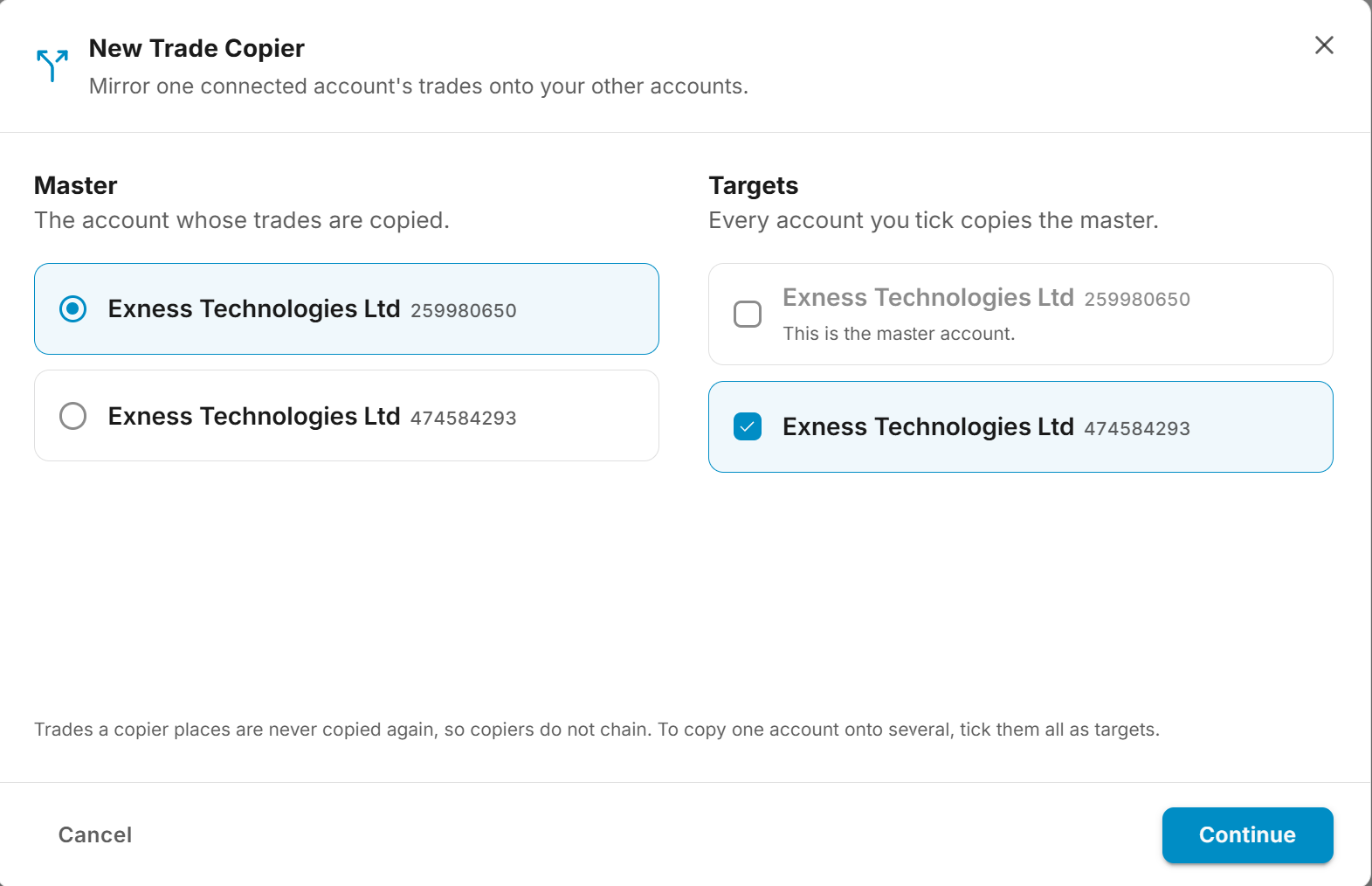 New Trade Copier dialog with a master account selected on the left and a target ticked on the right