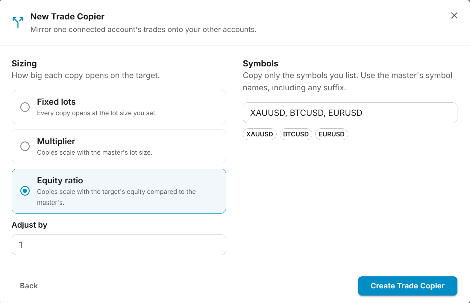 New Trade Copier dialog on the settings page with a sizing mode selected and a symbols list