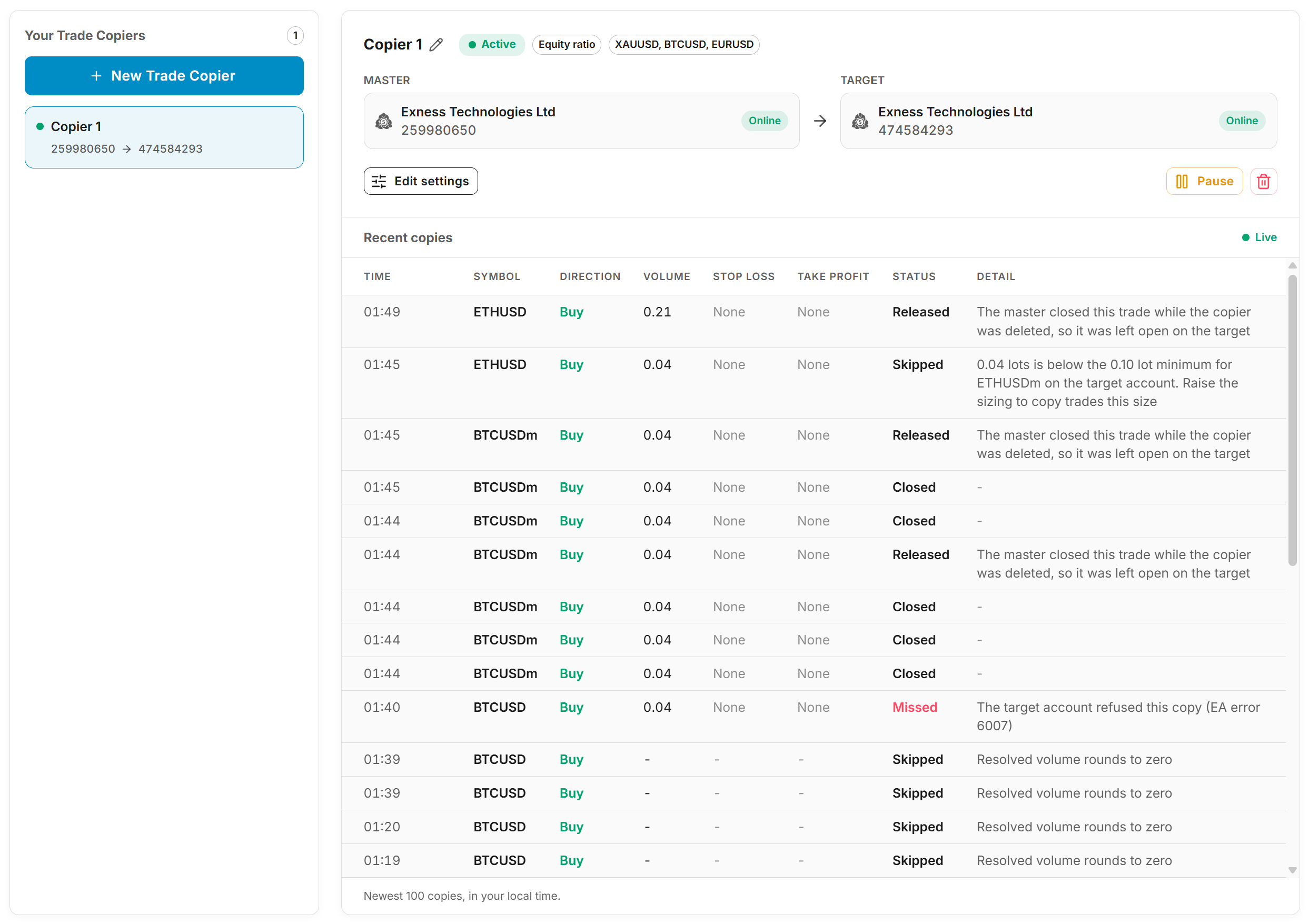 Trade Copier page with a copier selected, showing its master and target accounts, its controls and its activity