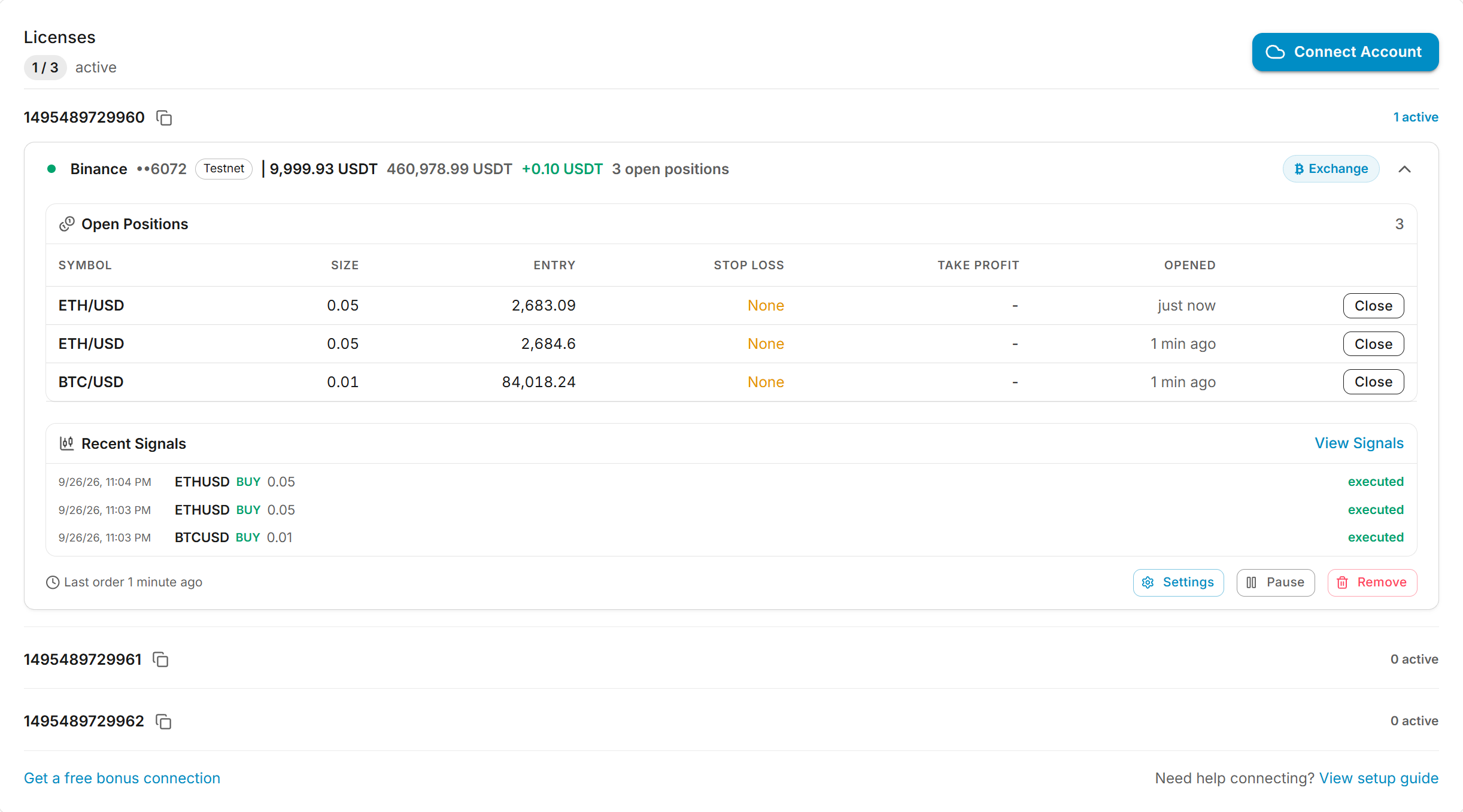 Licenses list with a Binance testnet card expanded to show three open positions with Close buttons, recent signals, and the Settings, Pause and Remove buttons