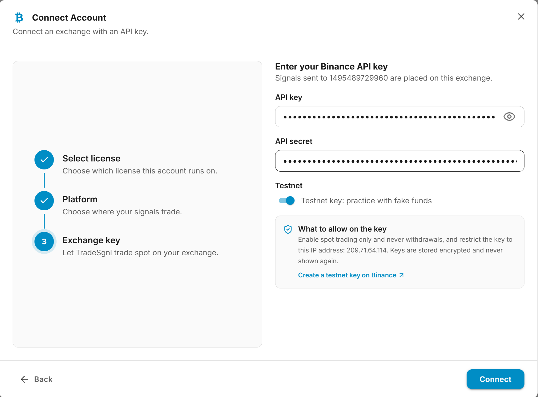 Enter your Binance API key step with the key and secret filled in and Testnet switched on