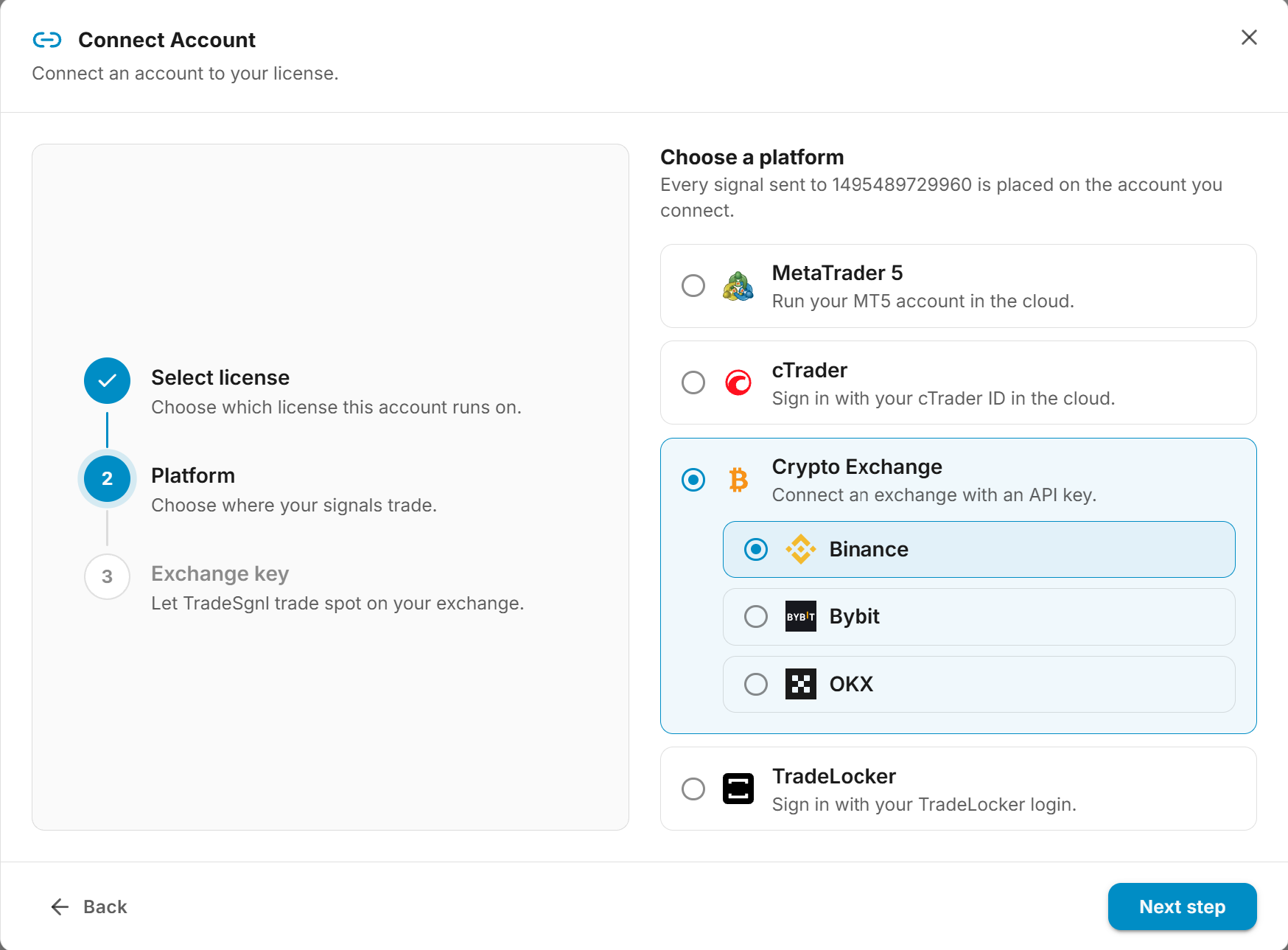 Connect Account dialog on the platform step with Crypto Exchange and Binance selected
