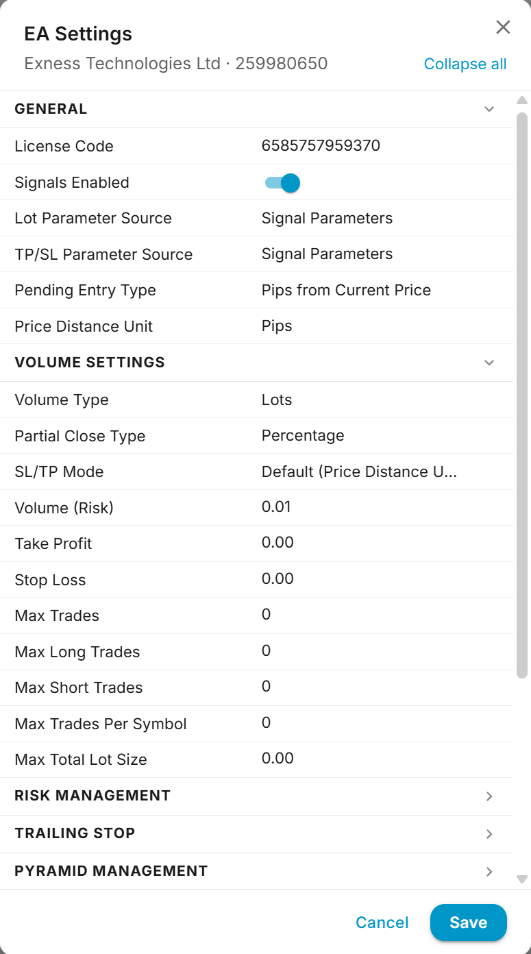 Full EA settings dialog with all configurable parameters