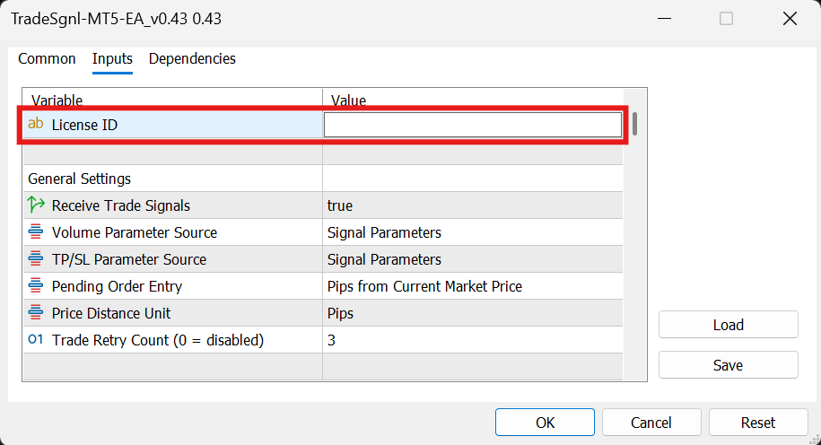 TradeSgnl EA settings window