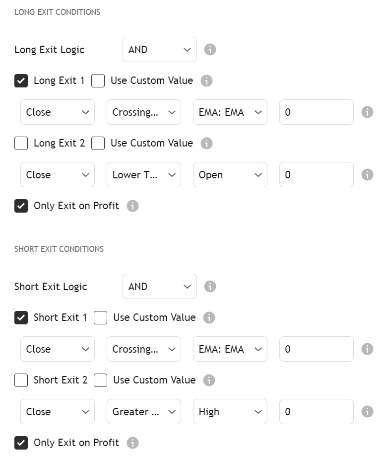 Example exit condition configuration in the Strategy Builder