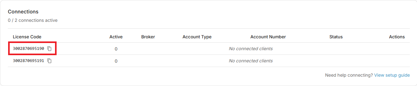 Where to find your license code in TradeSgnl dashboard