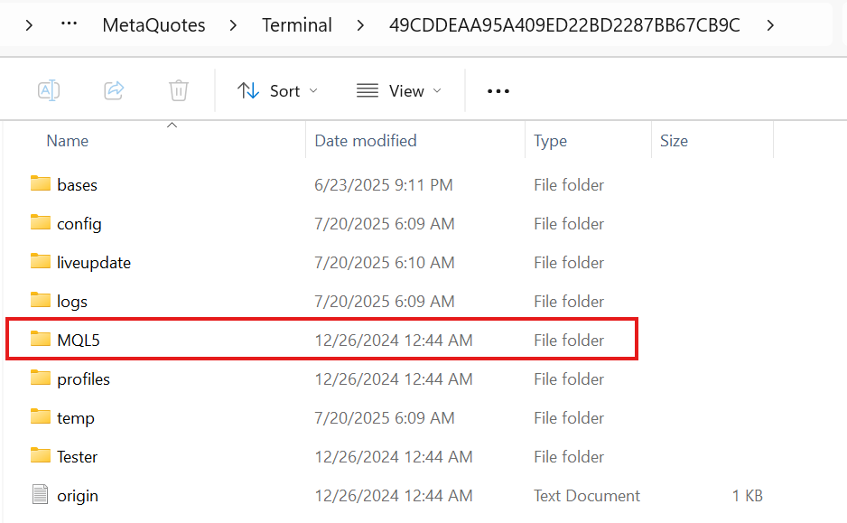 MetaTrader 5 data folder structure
