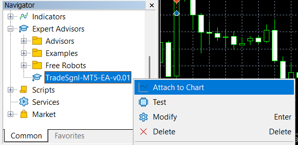 Attaching the EA to a chart in MetaTrader 5