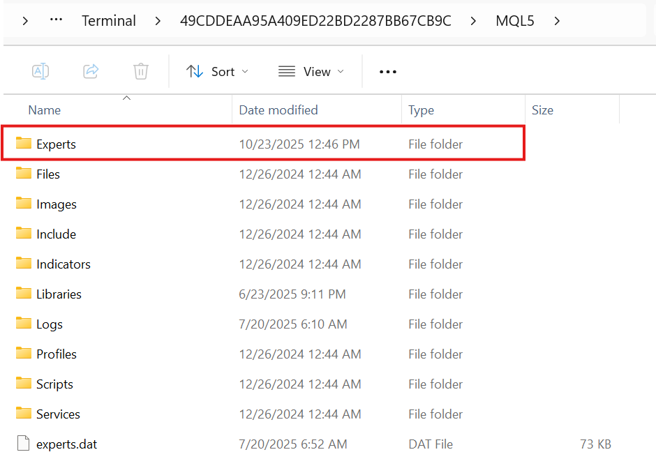 MetaTrader 5 data folder structure