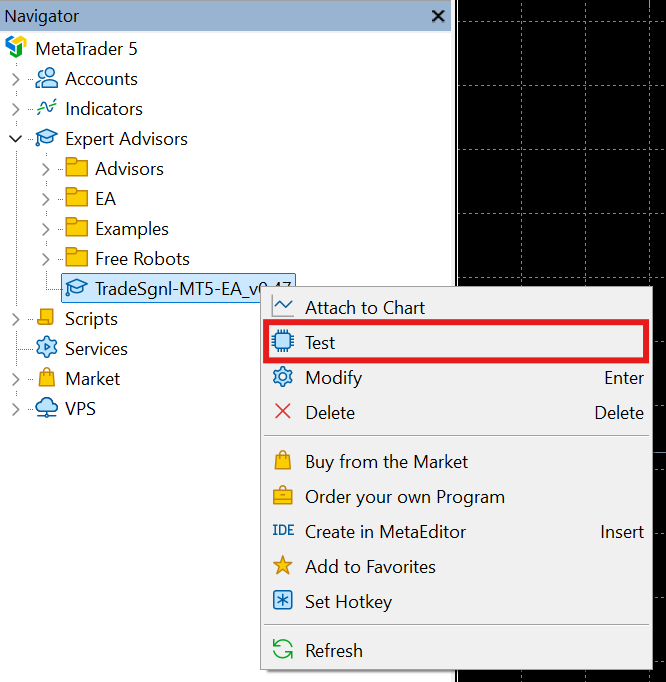 Right-click on TradeSgnl EA and select Test