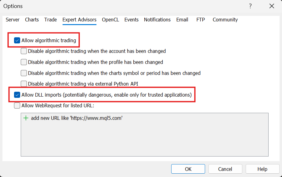 MetaTrader 5 settings window showing required EA settings