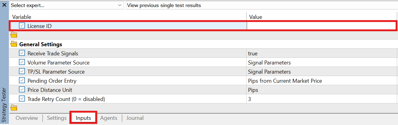 Strategy Tester Inputs Tab with License ID