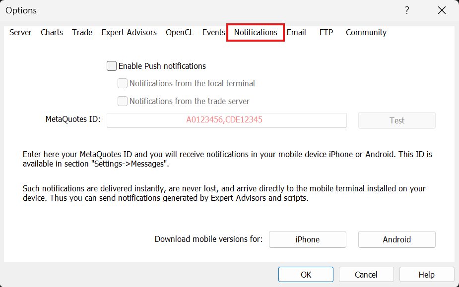 MT5 Options dialog with Notifications tab highlighted