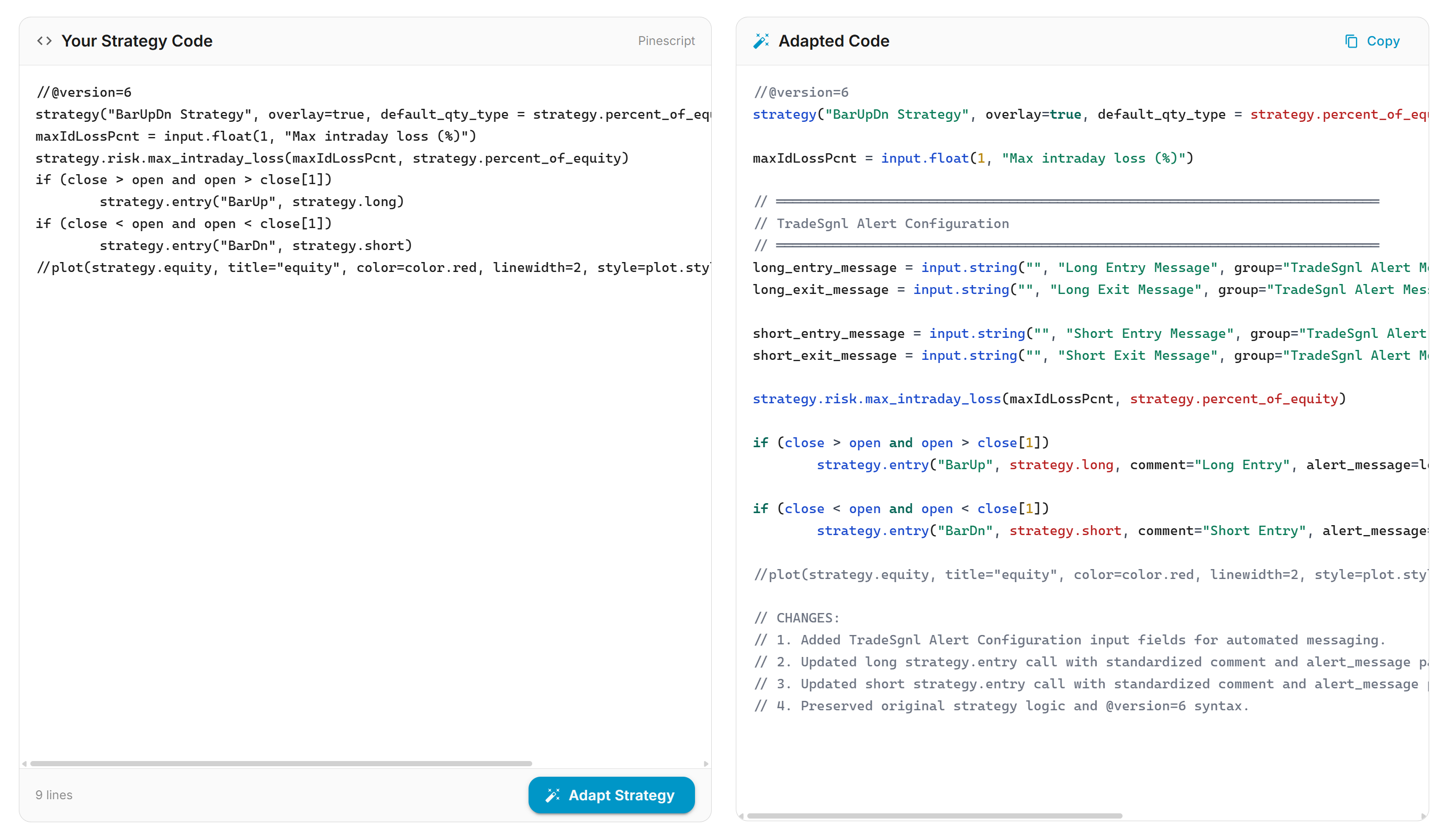 PineCode AI interface showing input and adapted output panels