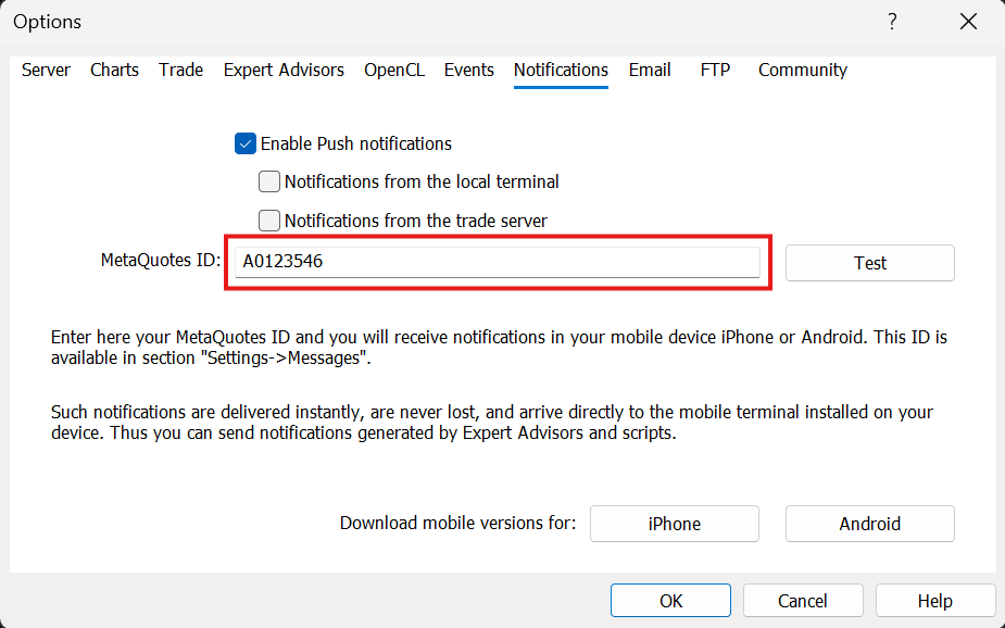 MetaQuotes ID field with ID entered