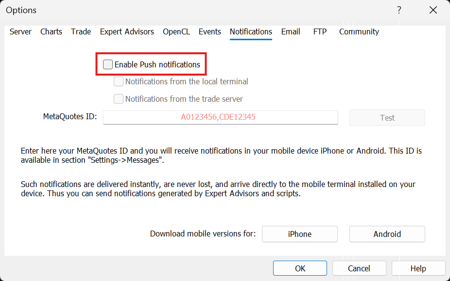 Enable Push notifications checkbox highlighted