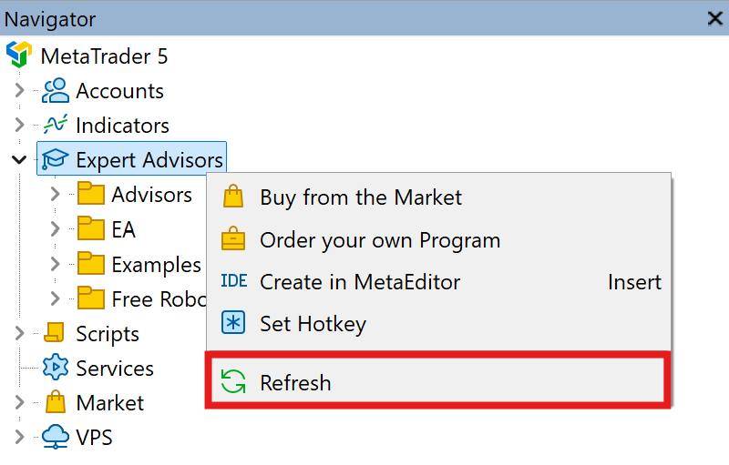 Refreshing Expert Advisors in MetaTrader 5 Navigator panel