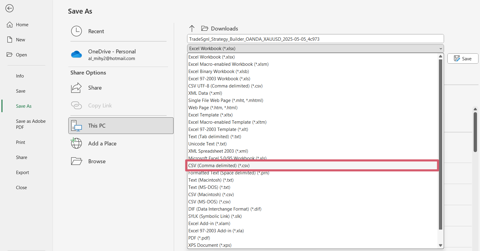 Saving as CSV format
