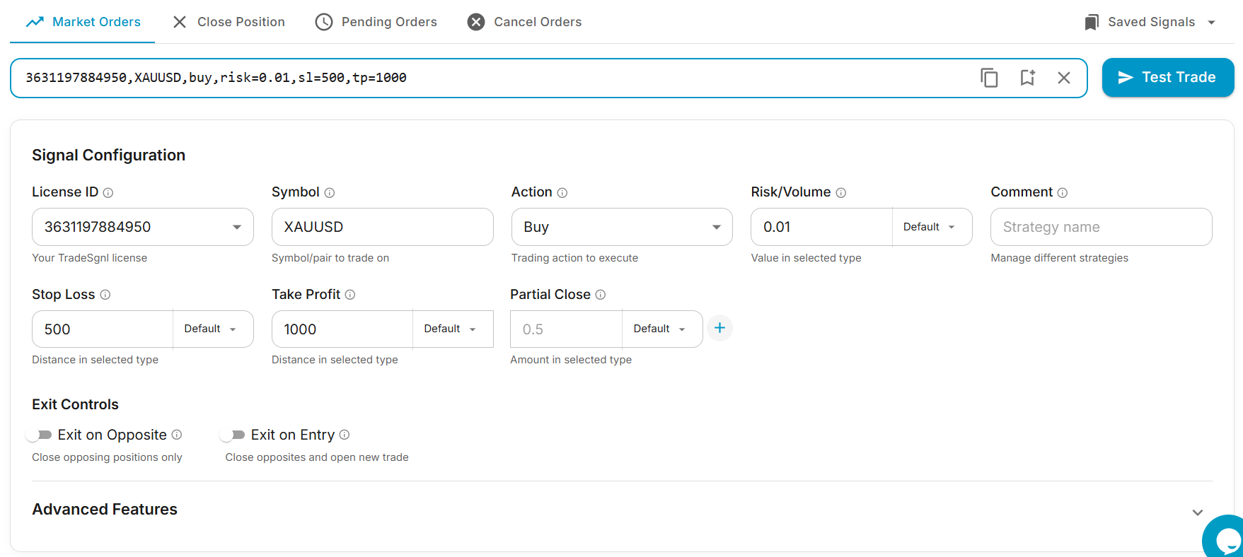 Syntax Generator form in the TradeSgnl Portal