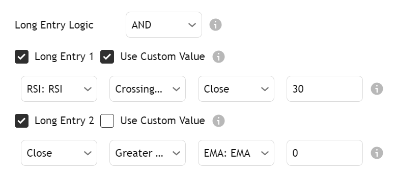Example entry condition setup in TradingView Strategy Builder