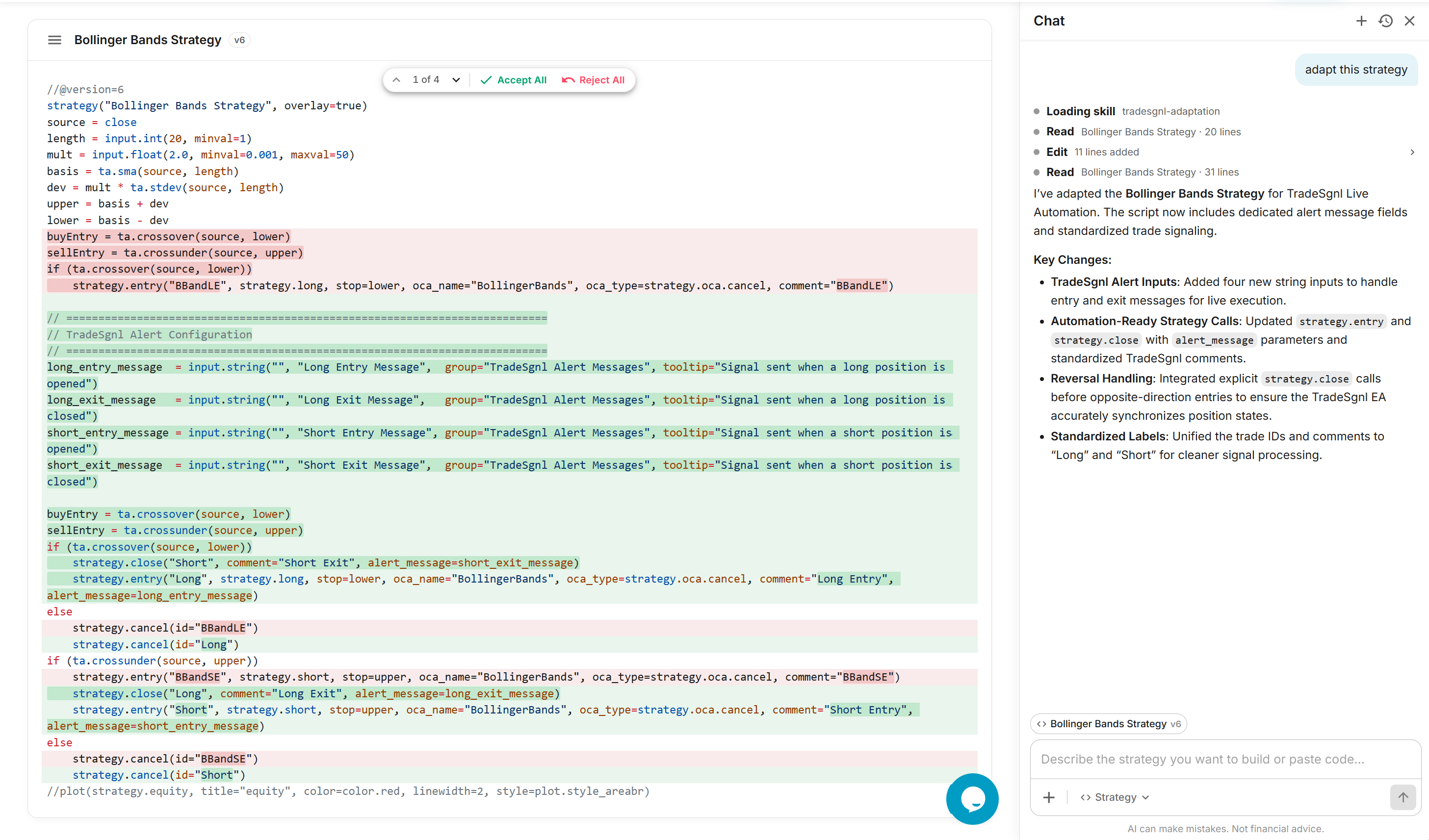 Indicator pasted into the Strategy Lab canvas with the AI proposing diff chunks that convert it to a TradeSgnl-ready strategy