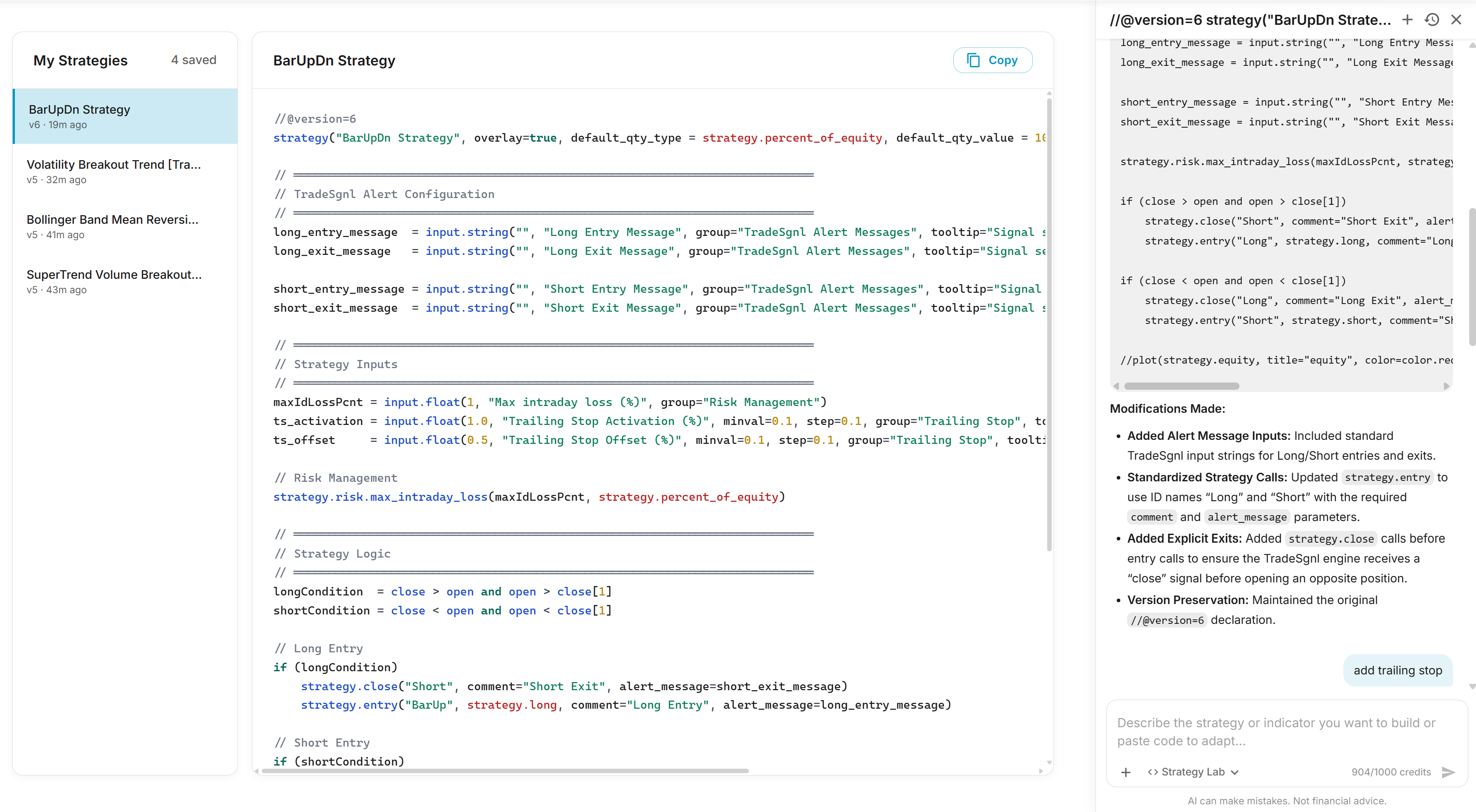 Strategy Lab interface showing conversational chat and live code preview