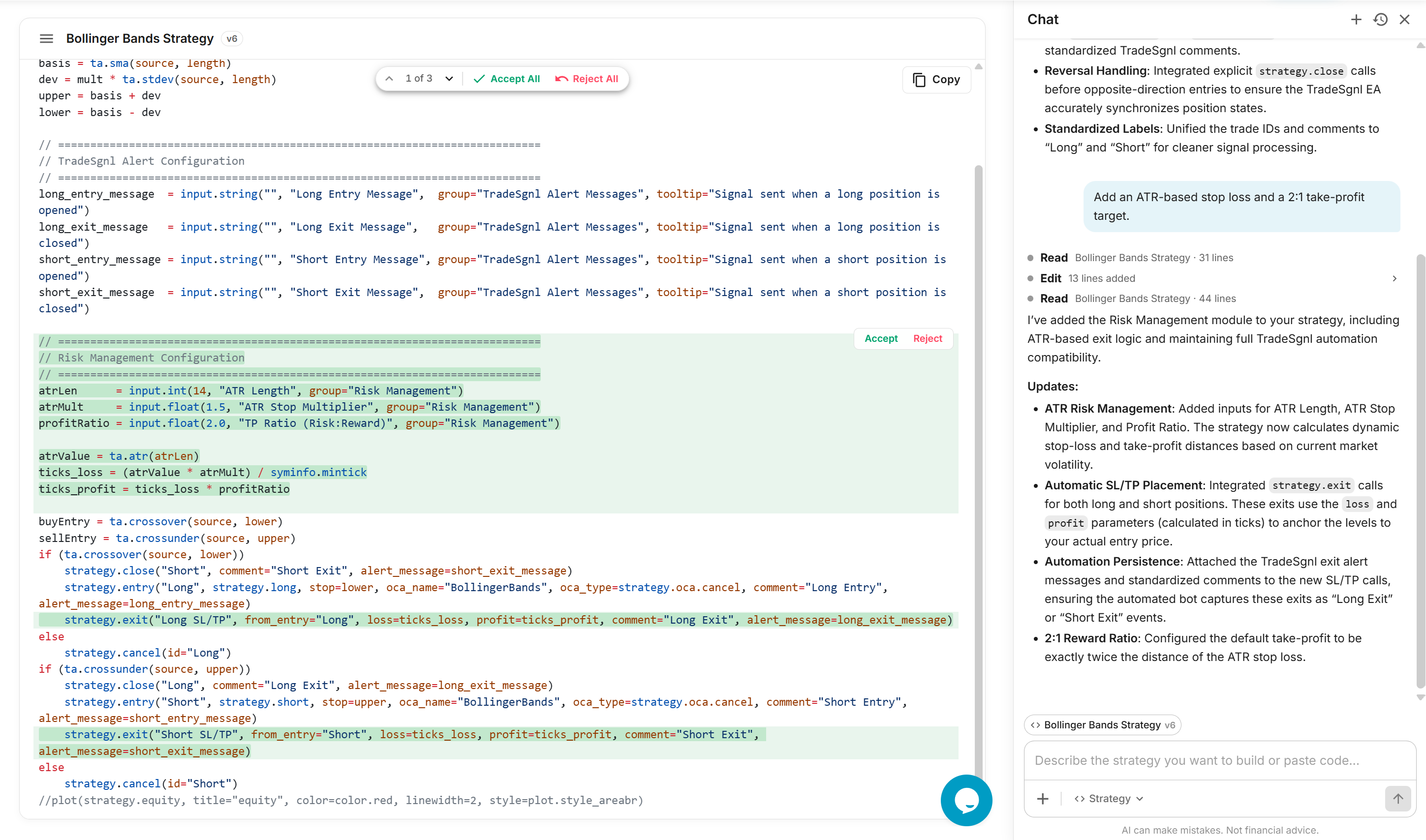 Strategy Lab canvas in review mode showing AI-proposed diff chunks with inline Accept/Reject controls and the floating navigation toolbar