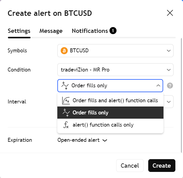 Order fills only option in TradingView alert setup