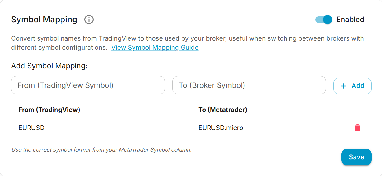 Symbol mapping interface in the signal modifier tab
