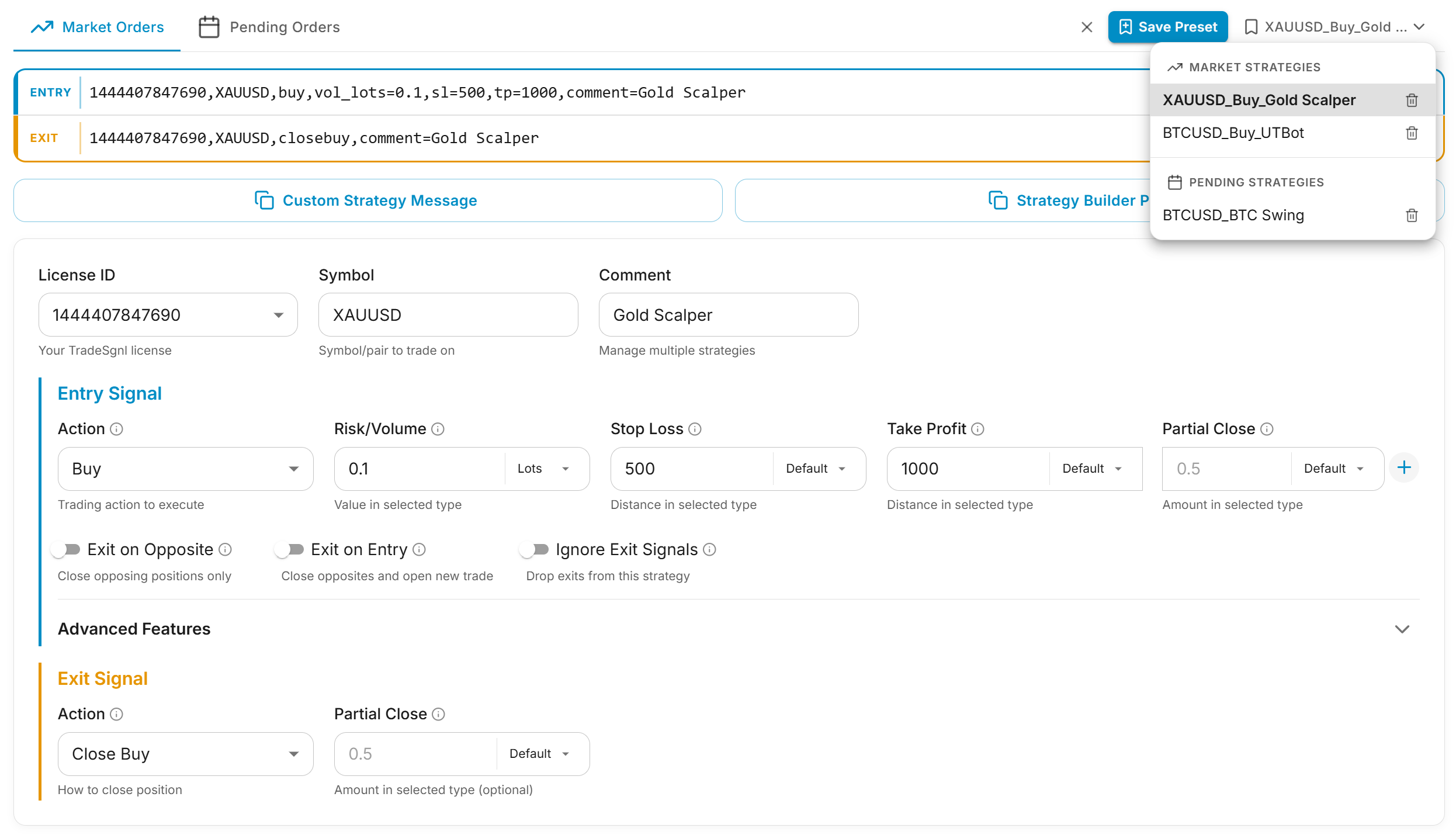 Presets dropdown menu showing saved configurations grouped by order type