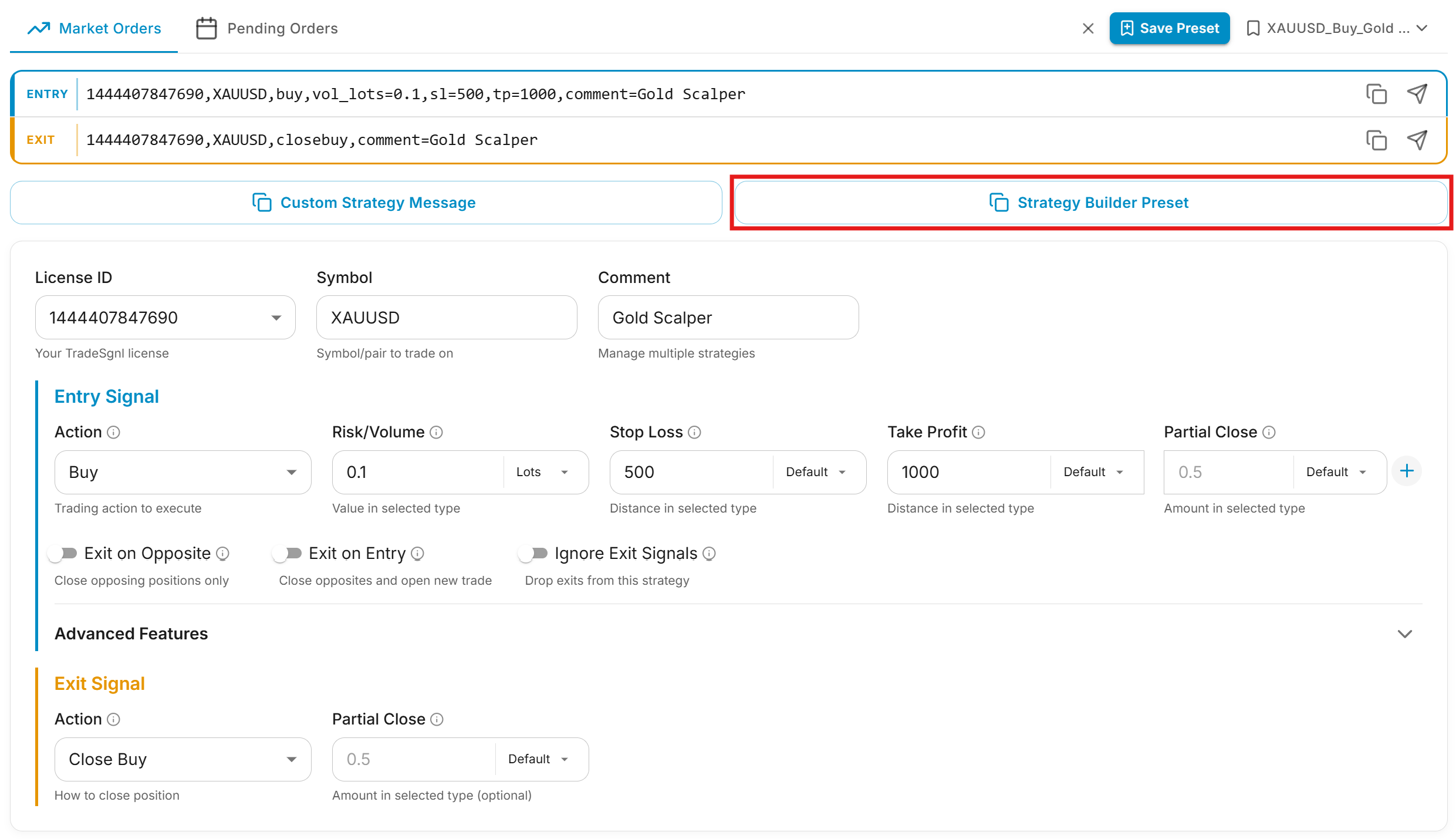 Strategy Builder Preset button in the Syntax Generator