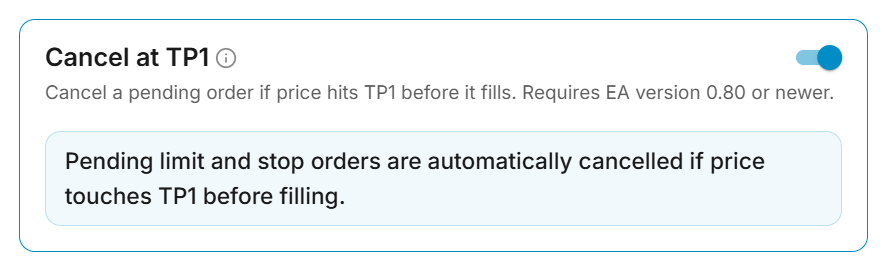 Cancel at TP1 toggle enabled