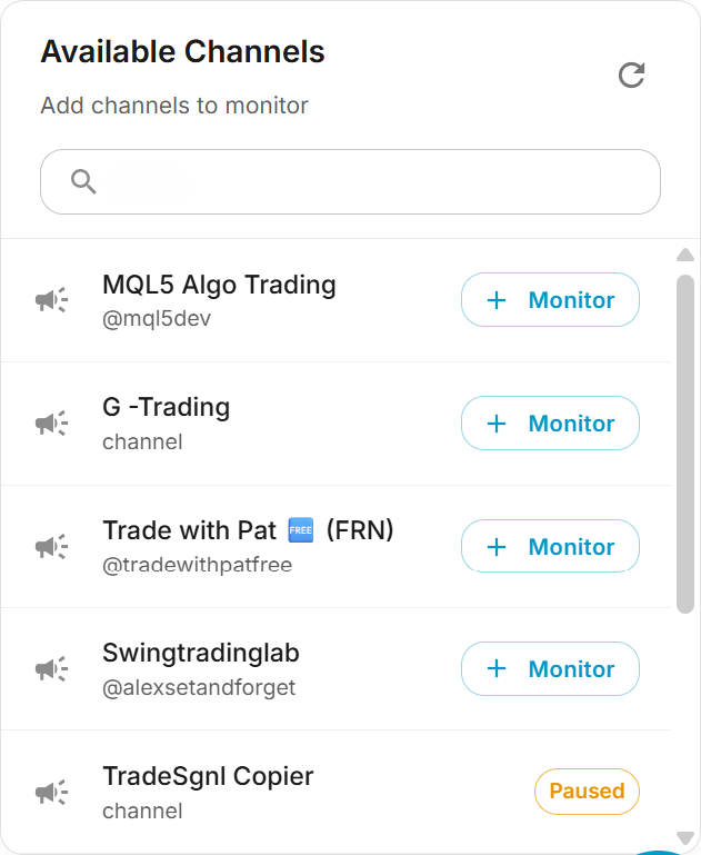 Available Channels sidebar — list of Telegram channels with Monitor buttons