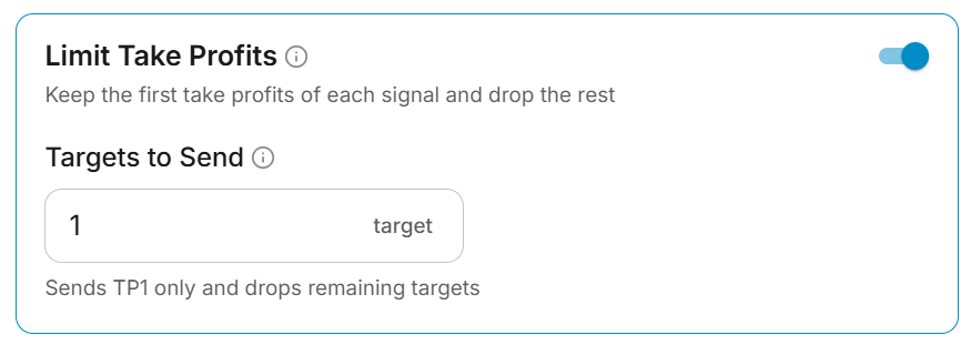 Limit Take Profits card set to 1 target
