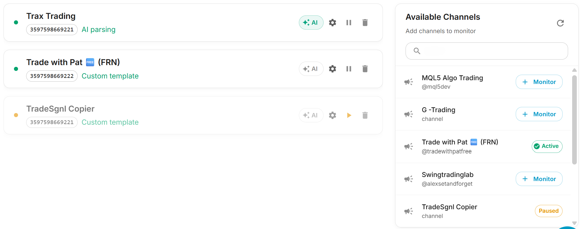 Telegram Copier page overview — automations list and available channels sidebar