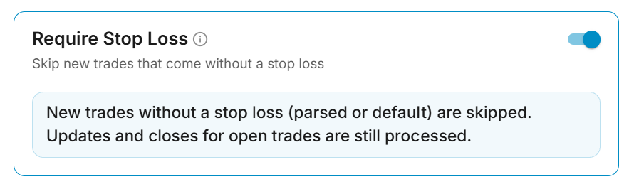 Require Stop Loss filter configuration card
