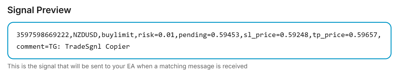 Signal Preview — formatted command output showing license, symbol, action, and price levels