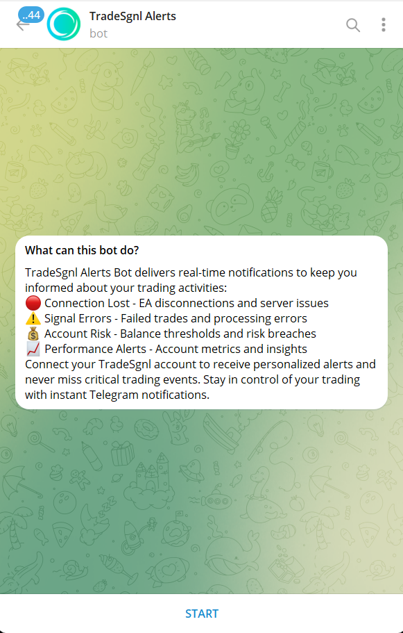 Telegram bot chat showing START button for @TradeSgnl_Alerts_bot