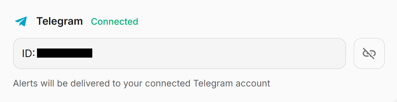 Successful Telegram connection showing confirmation message and connected status